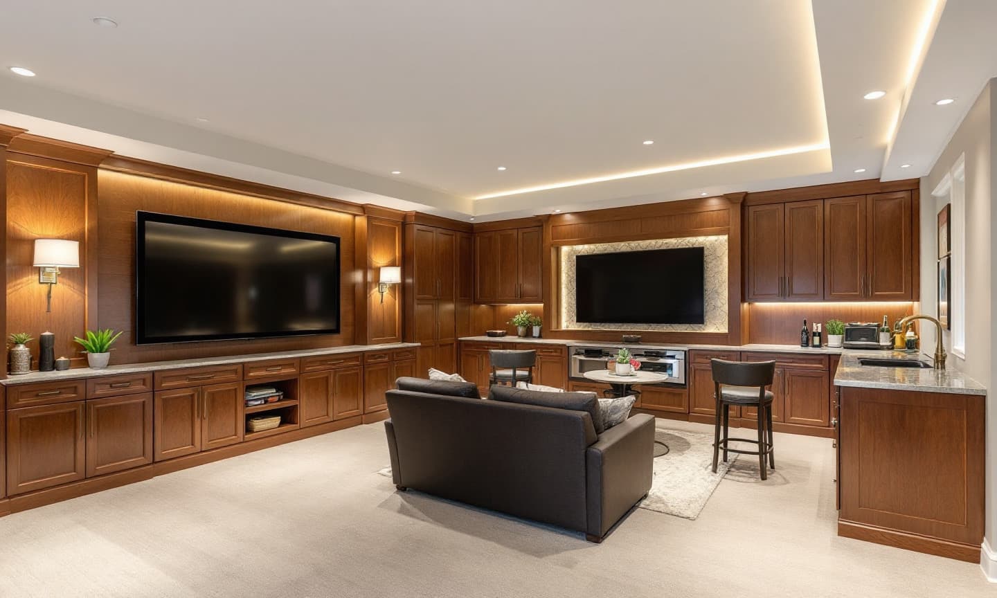 Finished basement with walnut media wall, home theatre seating and a wet bar with stone counters