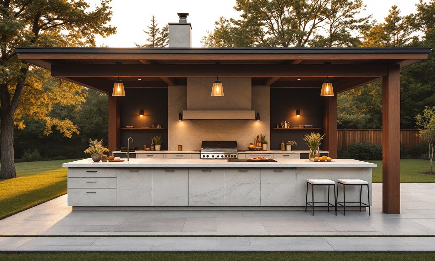 Outdoor kitchen under a timber and steel pavilion with a stone island, built-in grill and pendant lights at dusk